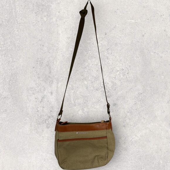 Sherpani Crossbody Purse Canvas Leather Trim Boho Tree Patch Green Brown Bag - Picture 3 of 12